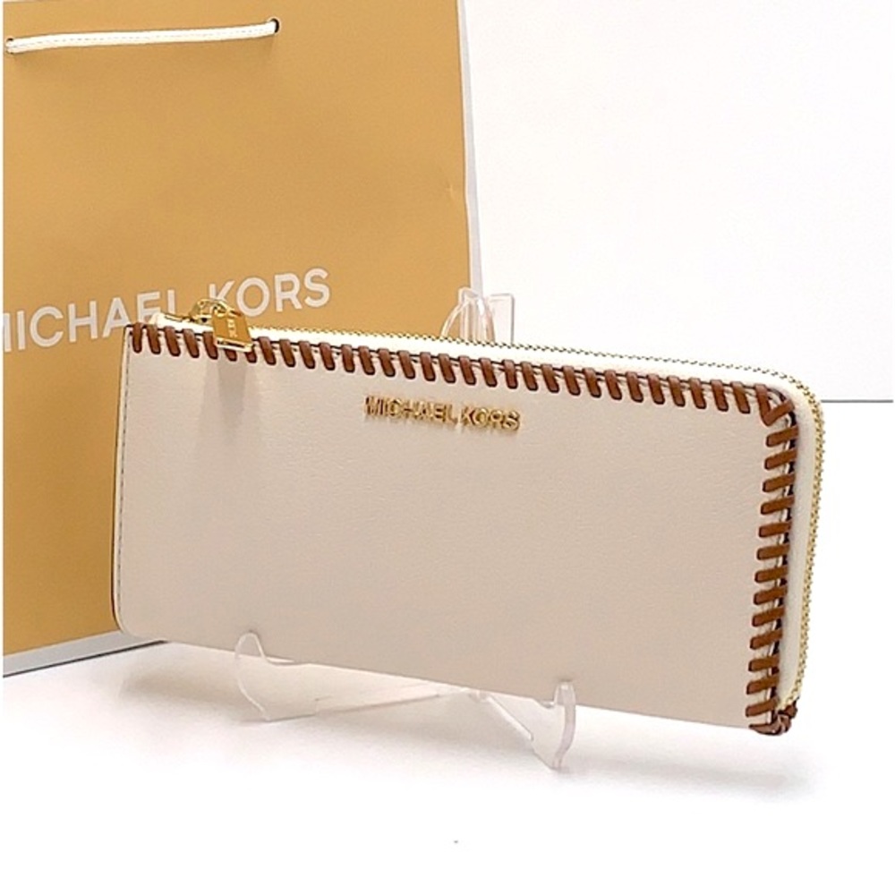 MICHAEL KORS JET SET TRAVEL LARGE THREE QUARTER ZIP WALLET LIGHT CREAM MULTI